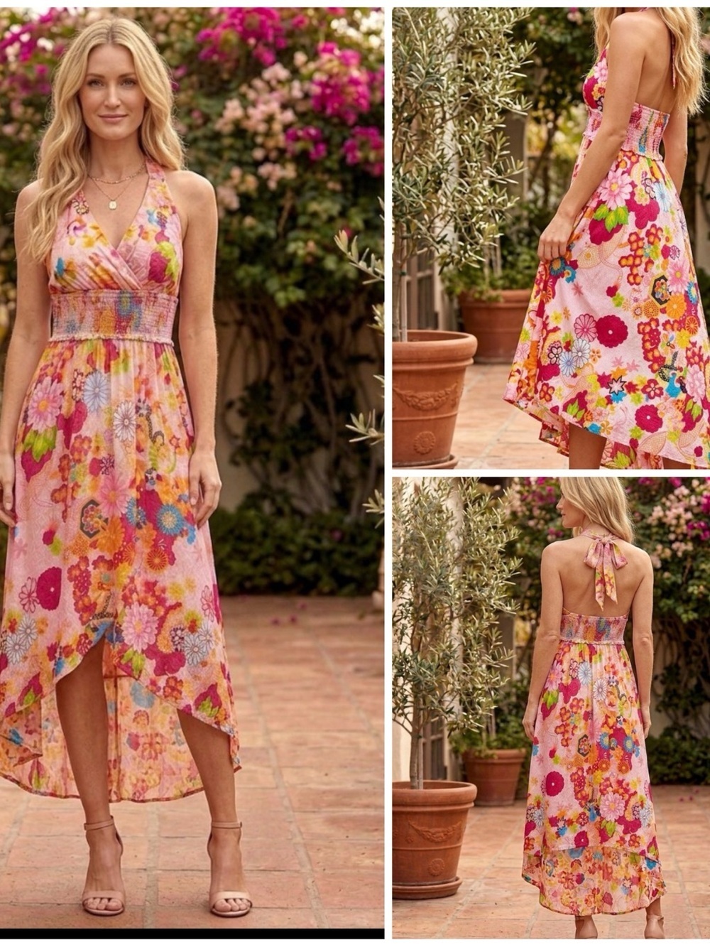 Aman Y2K Retro Vibrant Floral Halter Smocked Hi Low Coquette Midi Resort Dress L